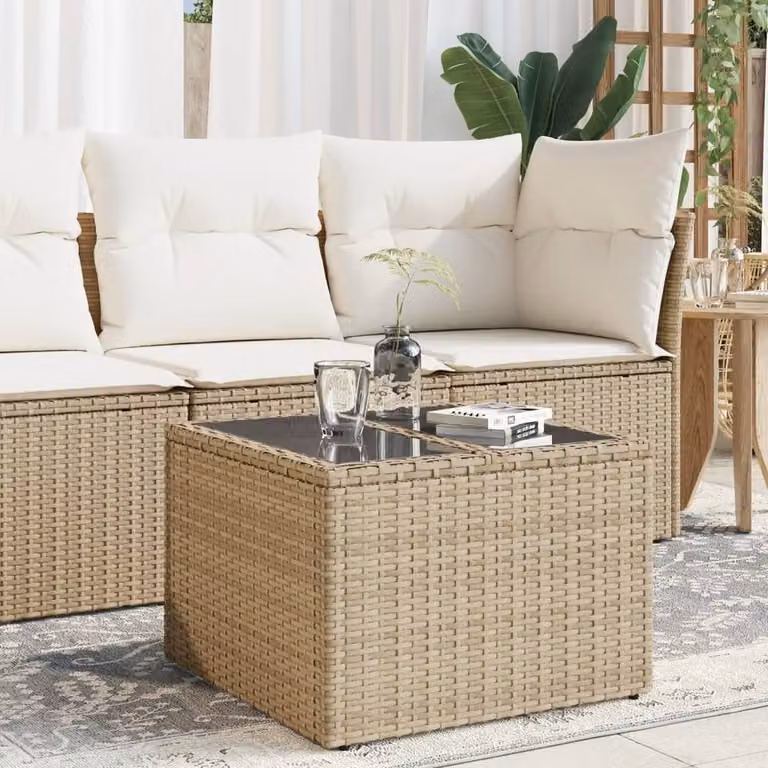 Berkfield Home Square Garden Table with Glass Top in Beige Poly Rattan, W/D/H: 55 x 55 x 37 cm
