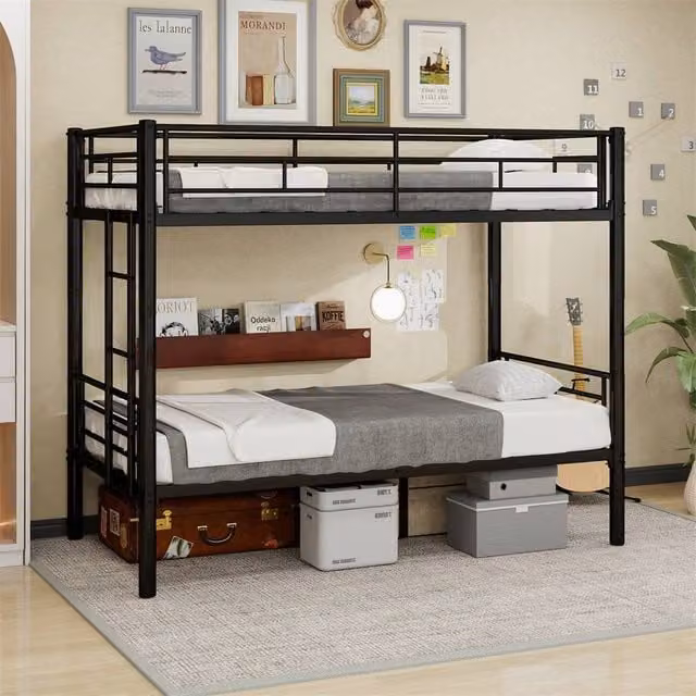 Direct Wicker Black Metal Reinforced Double Bunk Bed for Children and Dorms, W/D/H: 140 x 200 cm