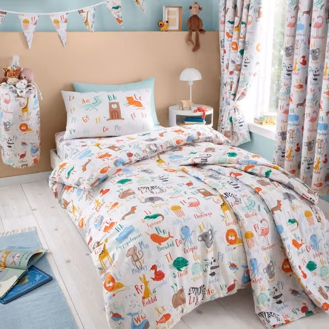 Happy Linen Company Animal Alphabet Kids Reversible Duvet Cover and Pillowcase Set, White, Duvet Cover: 200 x 200 cm, Pillowcase: 50 x 75 cm