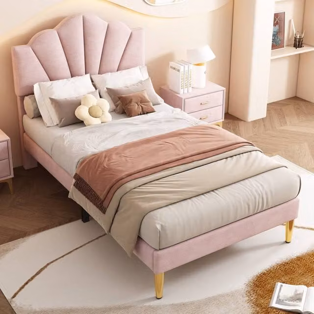Merax 3ft Single Velvet Upholstered Bed with Shell Headboard in Pink and Gold, W/D/H: 90 x 190 cm