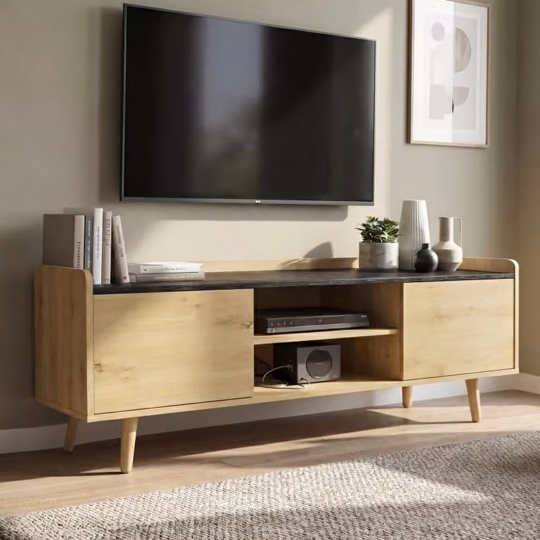 Larvik Oak TV Unit with Shelves and Media Compartments, W: 140 cm, D: 40 cm, H: 2 cm