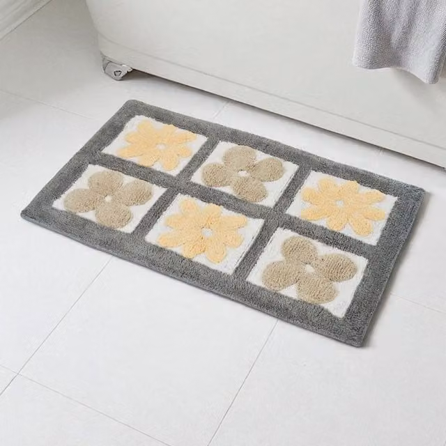Showerdrape Fiore 100% Cotton Blue Floral Anti-Slip Bath Mat in Grey, W: 80 cm, D: 50 cm