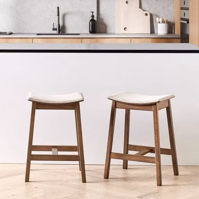 Wyld and Coco Set of 2 Backless Bar Chairs with Beige Polyester Upholstery and Dark Brown Rubberwood Frames