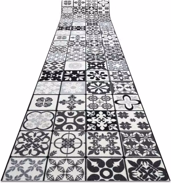 RugsX Anti-Slip Azulejo Mosaic Runner in Grey, W: 57 cm, L: 330 cm