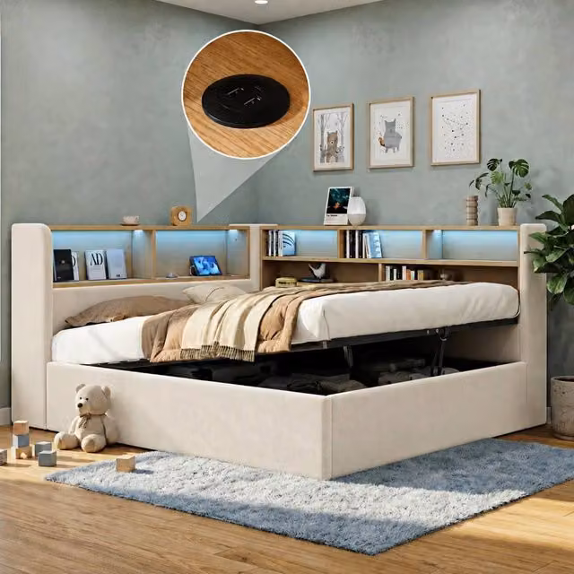 Rolipo Velvet L-Shaped Hydraulic Storage Bed with LED Lighting and USB Charging Port, Beige, W: 135 cm, L: 190 cm