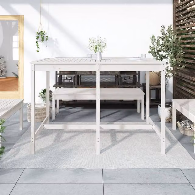Berkfield Home White Solid Pine Rectangular Garden Table W/D/H: 159.5 x 82.5 x 110 cm