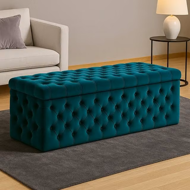 R&M Furnishers Wide Lux Chesterfield Ottoman Storage Box in Emerald Green Velvet