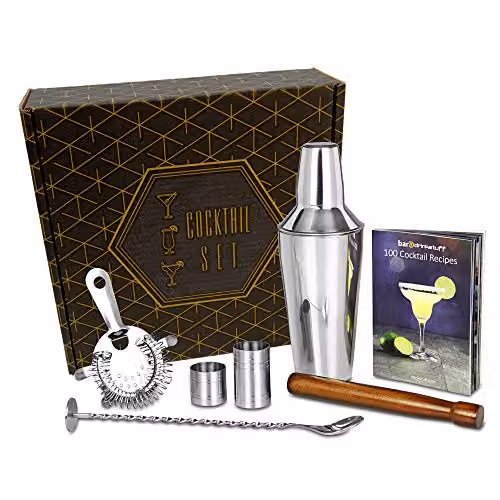 drinkstuff Manhattan Cocktail Shaker Set in Silver with Stainless Steel Accessories and Wood Details