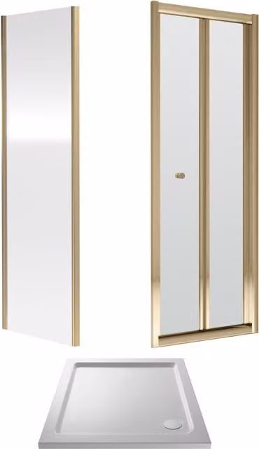 Balterley Ruwa Square Bi-Fold Shower Door, Side Panel and Tray Set with 4mm Glass in Gold