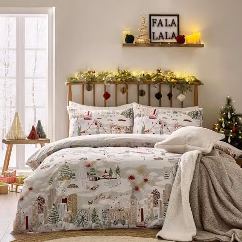 Riva Home Joy To All Reversible Christmas Duvet Cover Set in White, Red and Pink, W/H: 180 x 200 cm