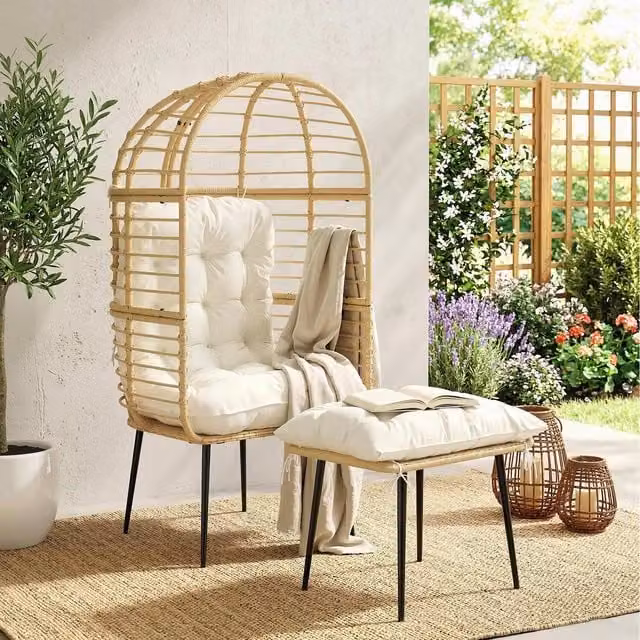 Outsunny Boho Polyrattan Standing Egg Chair with Footstool and Cushions in Beige and White