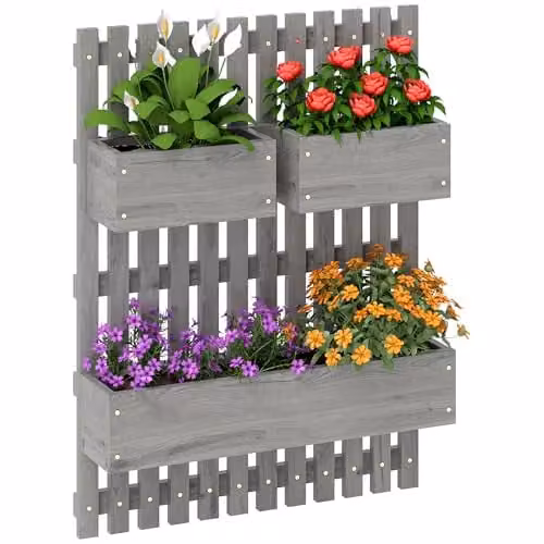 Outsunny Wall-mounted Wooden Garden Planters with Trellis in Grey