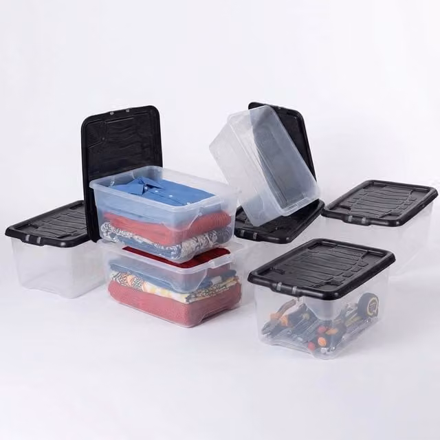 Storm Trading Group 5 Pack Heavy Duty 30L Underbed Plastic Storage Boxes with Black Lids, Clear