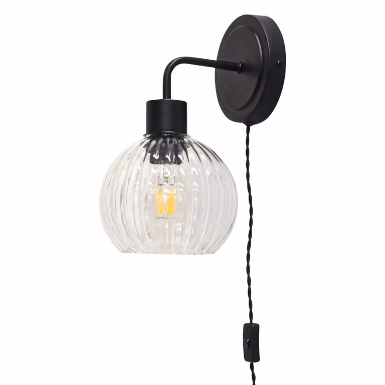 First Choice Lighting Toby Set of 2 Black Plug-in Wall Light Fittings with Glass Shade and Cord
