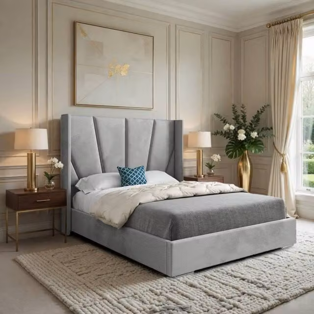 Casani Farleigh Grey Velvet Upholstered Designer Bed Frame, W/D/H: 120 x 200 cm