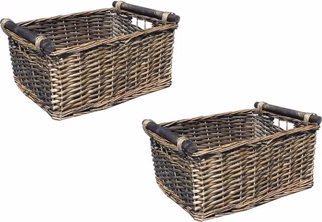 Topfurnishing Set of 2 Brown Rattan Wicker Log and Fireplace Storage Baskets with Handles, Diameter: 30 cm