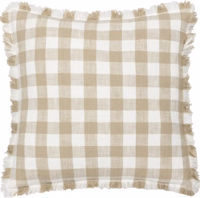 Make it a Home Barton Check Fringed Feather Rich Square Cushion in Natural Beige and Yellow Cotton