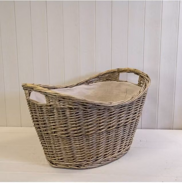 KDMD Willow Oval Scooped Log Basket with Hessian Liner in Brown