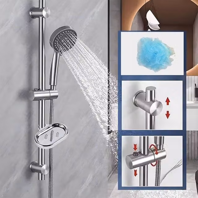 Hinsinc Adjustable Slider Rail Shower Riser Kit with Hand Shower and Soap Holder in Silver and Chrome