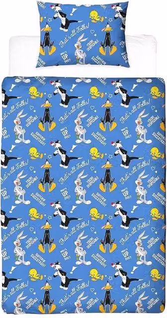 Looney Tunes Thats All Folks Reversible Blue Duvet Set and Pillowcase, Double, W: 200 cm, H: 140 cm
