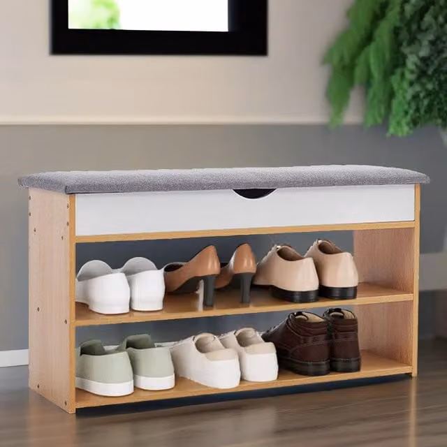 Pirlo Plush 3 Tier Shoe Storage Bench with Seat in Natural