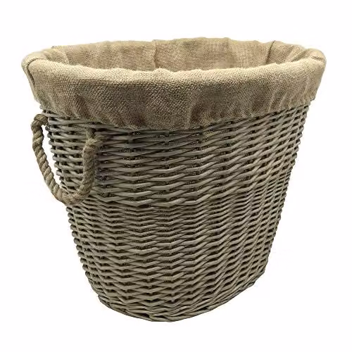 JVL Antiques Wash Oval Log Basket with Canvas Lining and Rope Handles