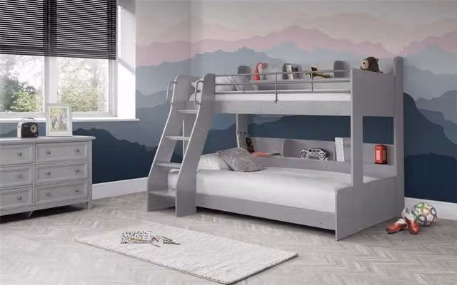 Ashfield Modern Light Grey Triple Sleeper Bunk Bed in Solid Pine Wood, W/D/H: 159 x 90 x 190 cm