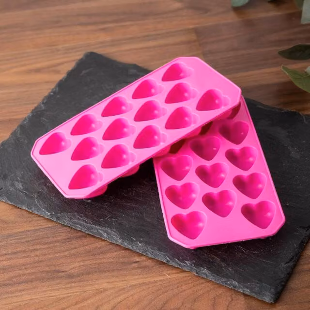 BarCraft Set of 2 Heart Shape Flexible Silicone Ice Cube Trays in Pink