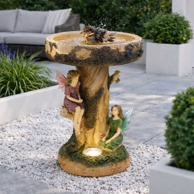 Gardenwize Solar Fairy Birdbath with LED Light Decorative Garden Feature, Brown