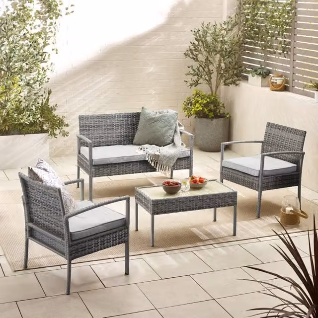 FurnitureboxUK Porto 4 Seat Grey PE Rattan Outdoor Lounge Set with 2 Seater Sofa, 2 Armchairs, Coffee Table and Cushions