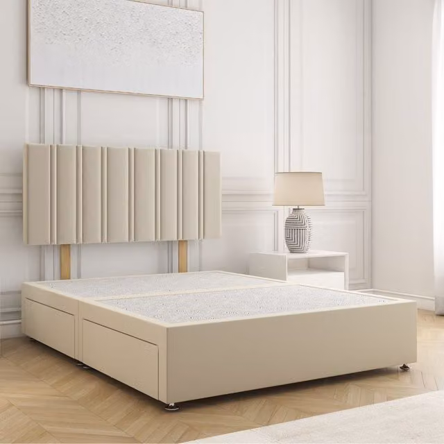 BSSPOKE Sienna Plush Velvet Divan Bed Set with 24 inch Headboard and 4 Drawers in Beige, King Size (W/D/H: 180 x 200 cm)