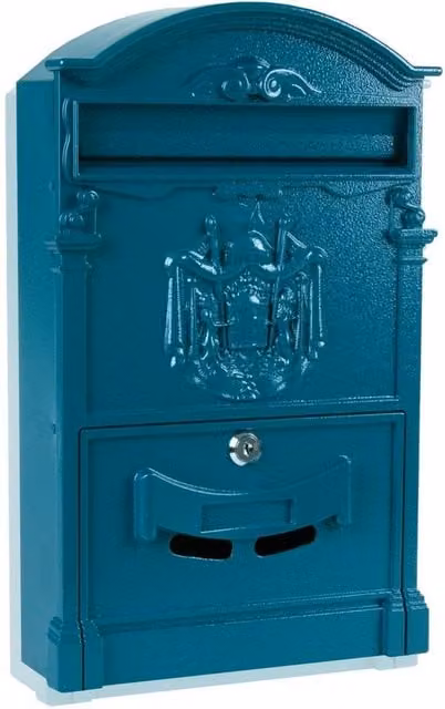 NESTLUNE Blue Vintage Outdoor Lockable Wall Mounted Letterbox, H 41.0 cm x W 25.0 cm x D 7.5 cm