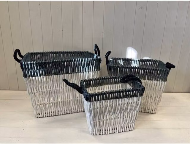 KDMD Set of 3 White and Blue Open Weave Rattan Wicker Baskets