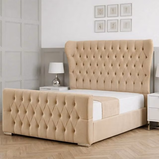 Living Comfort Bedz Velvetine Plush Velvet Upholstered Bed with Slatted Base and 48 Inch Headboard, Beige, King Size