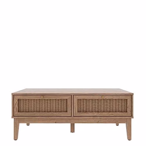 Lemon Pavilion Furniture Bordeaux Coffee Table in Brown Oak with Rattan Details, W: 110.2 cm, D: 50 cm, H: 43.2 cm
