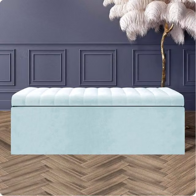 R&M Furnishers Safar Ottoman Storage Box in White Striped Plush Velvet