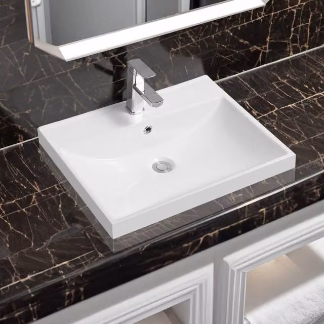 Limoge 5409 White Ceramic Thick-Edge Inset Rectangular Countertop Basin W/D/H: 60.5 x 46.0 x 16.5 cm