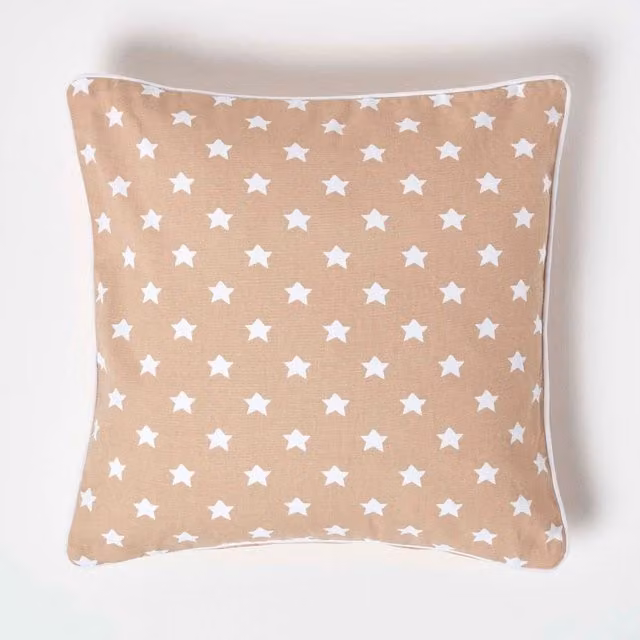 Homescapes Cotton Stars Cushion Cover in Beige and Brown, W/D/H: 45 x 45 x 45 cm