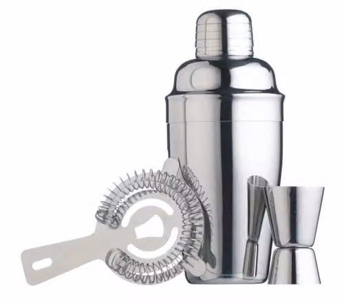 BarCraft 3 Piece Stainless Steel Cocktail Set in Silver with Leakproof Shaker