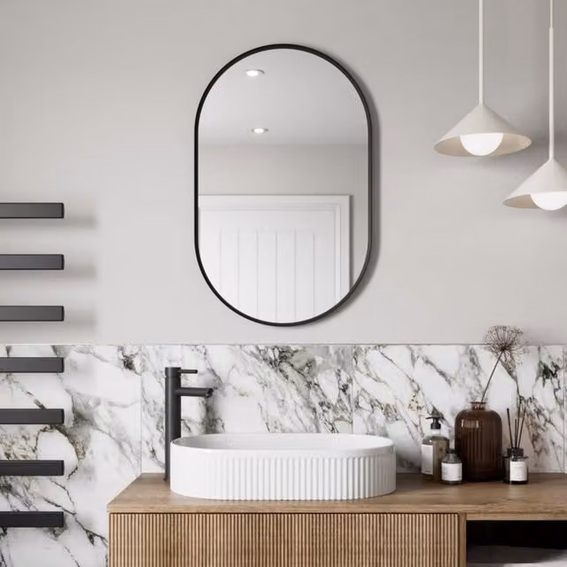 Bathwell Modern Oval Wall Mounted Bathroom Mirror with Matt Black Metal Frame, W: 50 cm, H: 80 cm