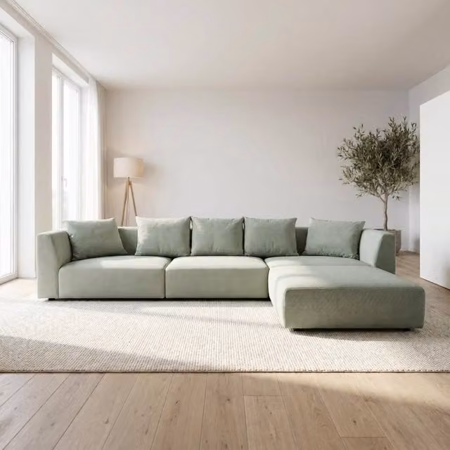 Abakus Direct Tokyo Large L-Shape Corner Sofa in Green or Beige Basket Weave Fabric with Natural Bamboo Frame