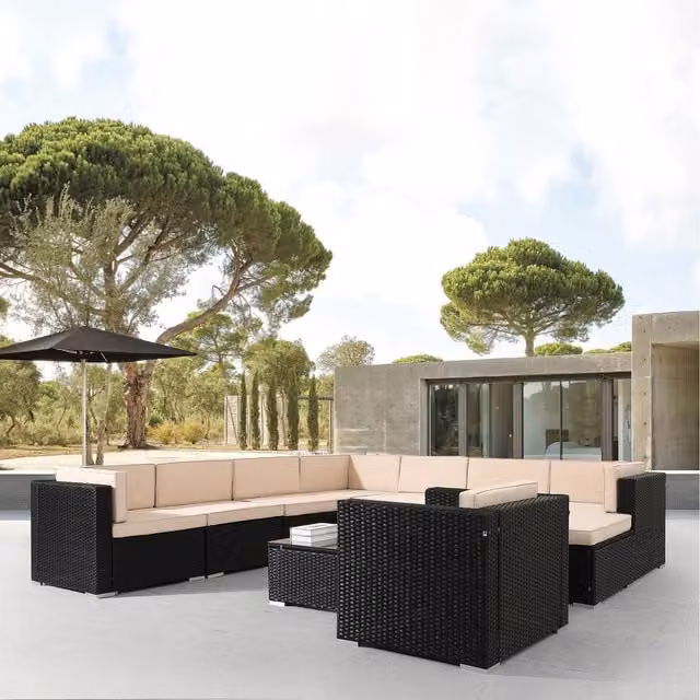 Arebos Granada Modern U-Shape Polyrattan Garden Furniture Set in Black with Powder Coated Aluminium Frame and Weather Resistant Cushions