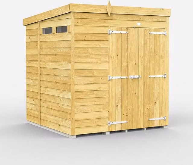 Buttercup Farm Pent Security Wood Shed with Double Doors in Brown, W: 214 cm, D: 214 cm, H: 201 cm