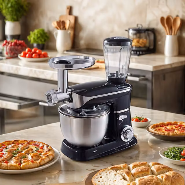 Komore 3-in-1 Multifunctional Stand Mixer with Meat Grinder, Black and Silver with Stainless Steel Components