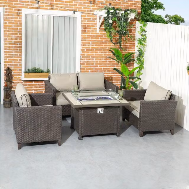Outsunny 5 Piece Brown Polyrattan Patio Garden Furniture Set with Gas Fire Pit, 2 Seater Sofa, Armchairs, Coffee Table and Ottoman with Upholstered Cushions