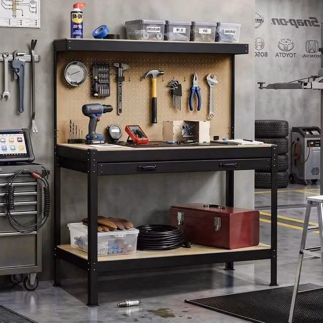 Hinsinc Black and Blue Steel Workbench with Pegboard, W: 1000 cm, D: 52 cm, H: 150 cm