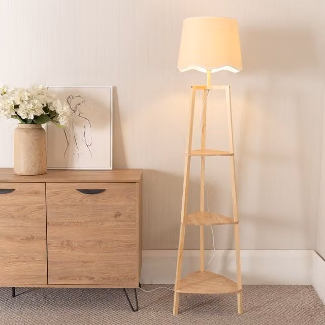 ValueLights Hiru Three Tier Wooden Floor Lamp with Scallop Shade in White