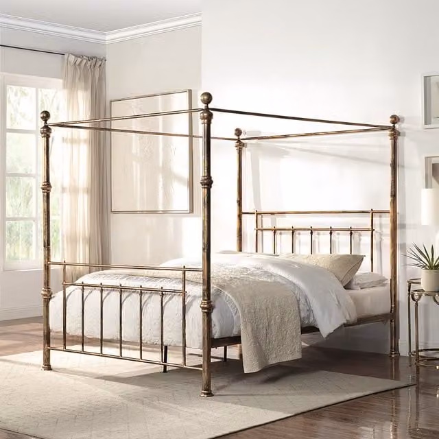 SlumberWorx Vintage Metal Canopy Bed Frame in Gold and Bronze, 180 x 200 cm