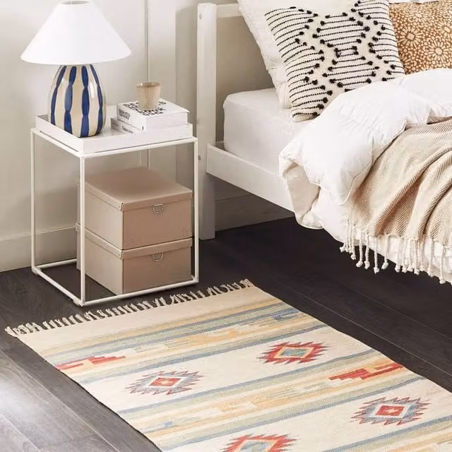 Wyld and Coco Klim Handwoven Cotton Kilim Rug in Beige and Multicolour, Reversible with Fringes, W: 80 cm, L: 150 cm