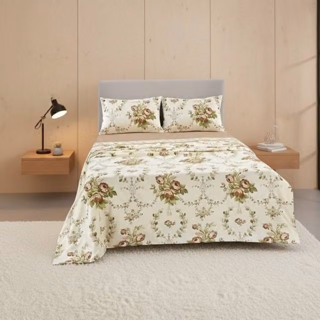 Snug City Floral Brushed Cotton Flannelette Fitted Sheet and Matching Pillowcases in Beige, King Size 180 x 200 cm